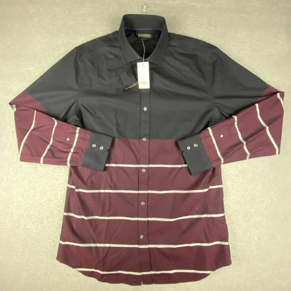 NWT Banana Republic Mens L Non-Iron Slim Fit Dress Shirt Black Purple Stripe